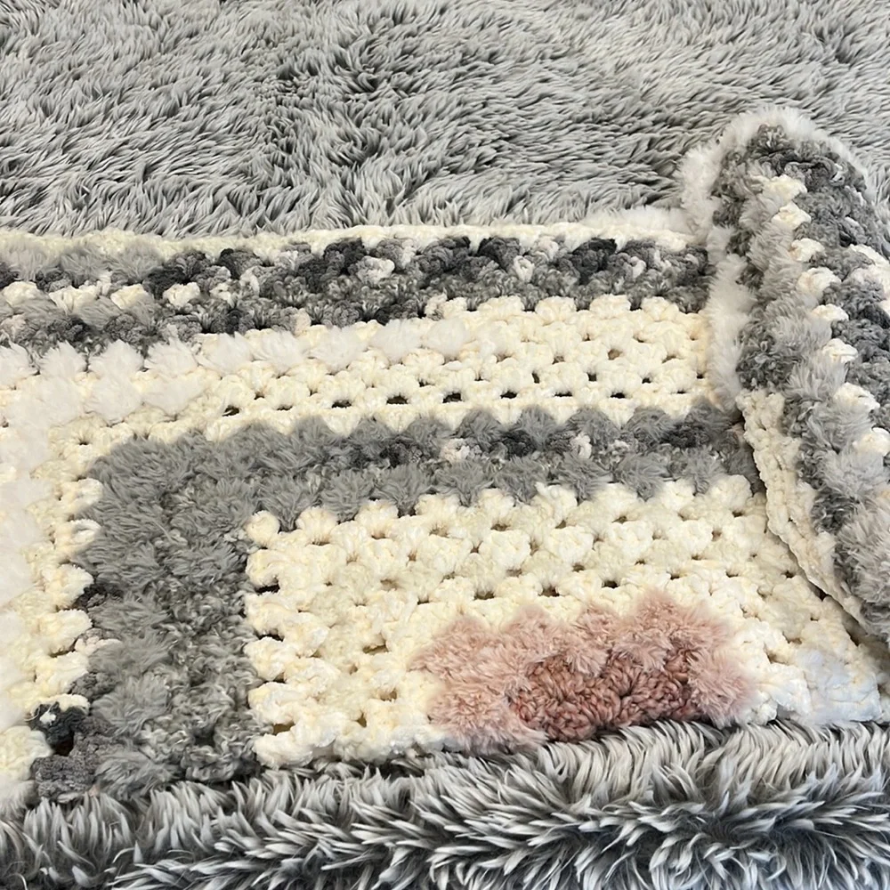 Handmade Crochet Granny Square Velvet Plush Faux Fur Throw Blanket